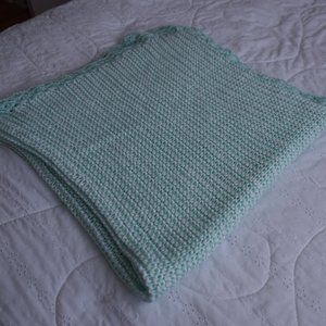 Hand knitted Green and White Baby Blanket